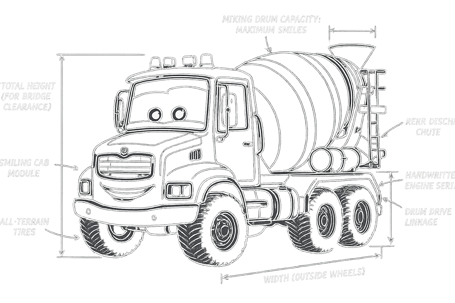 Blueprint diagram of Mixy the cement mixer