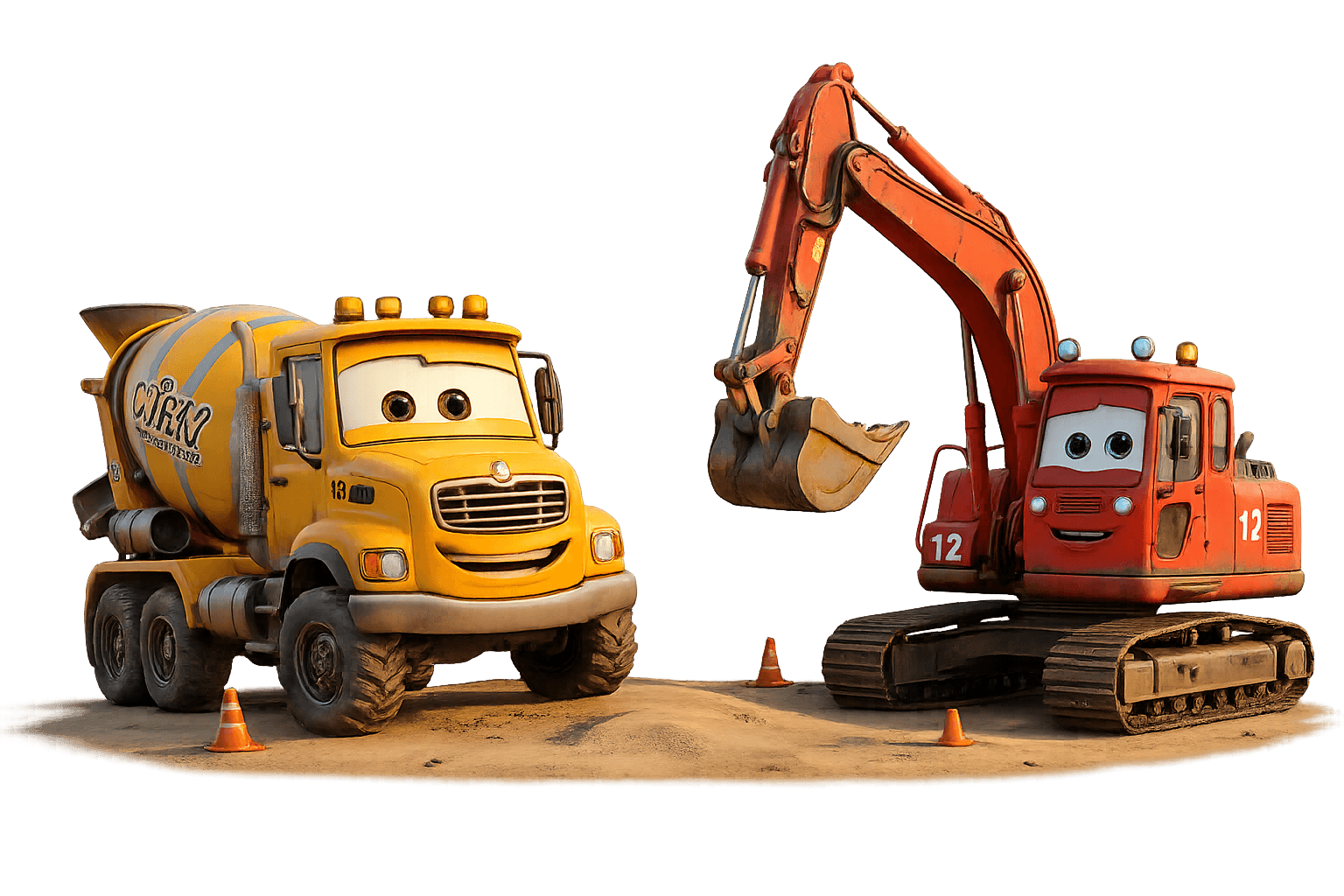 Mixy and Rusty in a cinematic construction scene